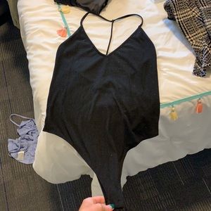 Black cotton ribbed v neck body suit